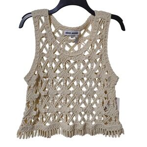 DKNY Jeans Macrame Crochet Tank Top Fringe Hem Cream Boho Size S